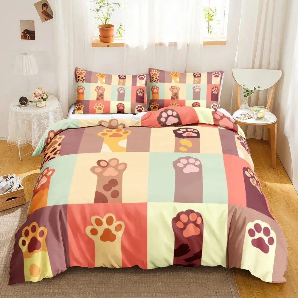 3-Piece Cute Cat Duvet Cover Set - Single-Sided Printed Cartoon Comforter Cover with Pillowcases