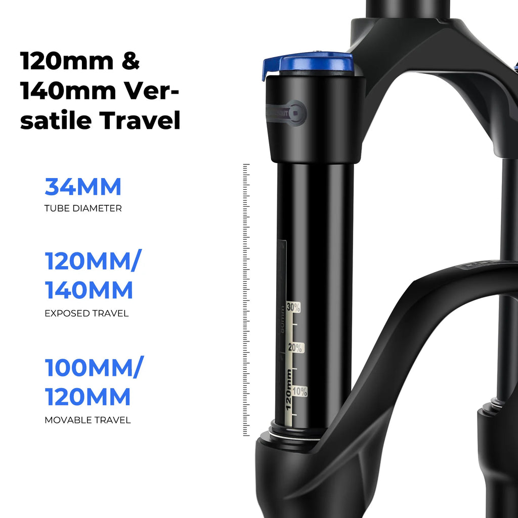 27.5/29-inch Boost Mountain Bike Suspension Fork - 34mm (1.34in) Tapered Stanchion, 120/140mm (4.7/5.5in) Travel, 15x100/110mm Thru-Axle, Adjustable Rebound and Lockout