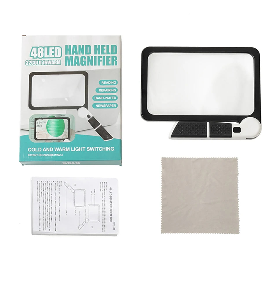 5X Rectangular Reading Magnifier 7.3 x 4.4 in (18.5 x 11.2 cm) – 48 LED Dimmable Light, Foldable Handheld for Seniors & Low Vision