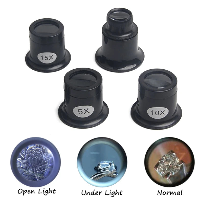 Jeweler Eye Loupe 5X 10X 15X 20X 4-Pack Eye Magnifiers + 1 Glass Loop for Watchmaking & Jewelry