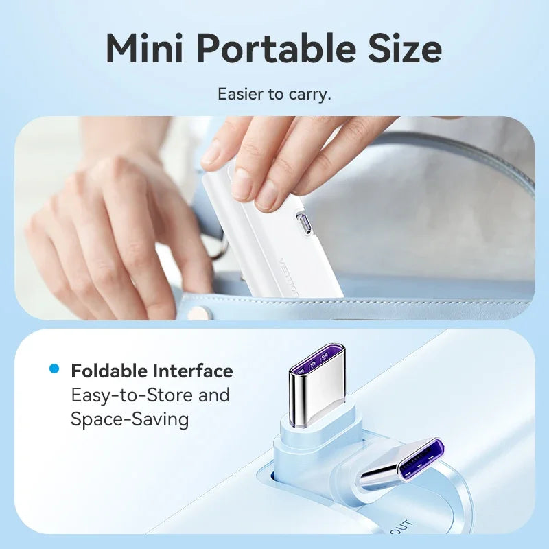 Mini Power Bank 4800mAh 22.5W USB-C PD Portable Charger with Built-In Lightning Cable – Fast External Battery for iPhone Samsung Xiaomi