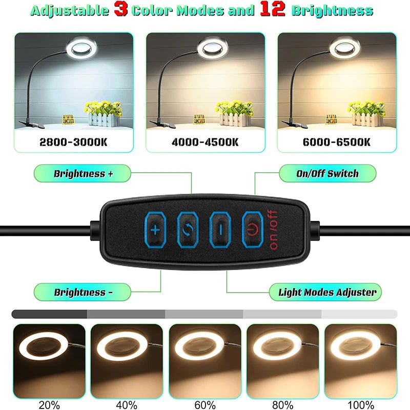 10X Magnifying Glass with 3.7 in (94 mm) Glass Lens LED Light — 3-Color Adjustable Desk Clamp Magnifier with Flexible Gooseneck for Reading, Nail Art & Crafts
