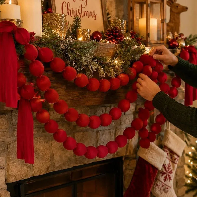 1/2/3-Pack Burgundy Velvet Ball Garland, 5 cm (2 in) Balls, 1.6 m (5.25 ft) Pre-Strung Christmas Garland for Tree, Mantel and Window