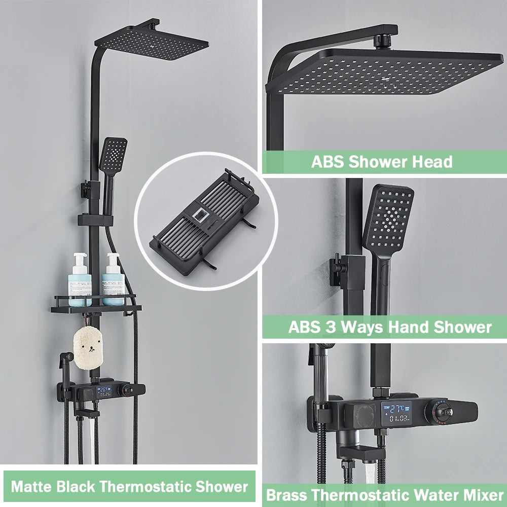 Black Digital Thermostatic Shower System 10-Inch (25.4 cm) Rainfall Head 4-Way Mixer with Digital Display, Slide Bar Shelf & Bidet Faucet