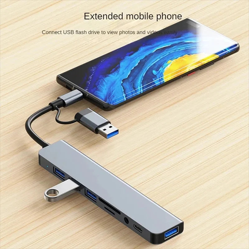 USB-C Hub 8-in-1 USB Splitter with SD/TF Card Reader, 3x USB Ports, USB-C & 3.5mm Audio — 15cm (5.9in) Cable, Compatible with MacBook & Laptops