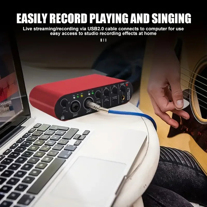 24-Bit 192 kHz USB Audio Interface with Loopback – External Sound Card for Guitar Recording & Stereo Monitoring (Red)