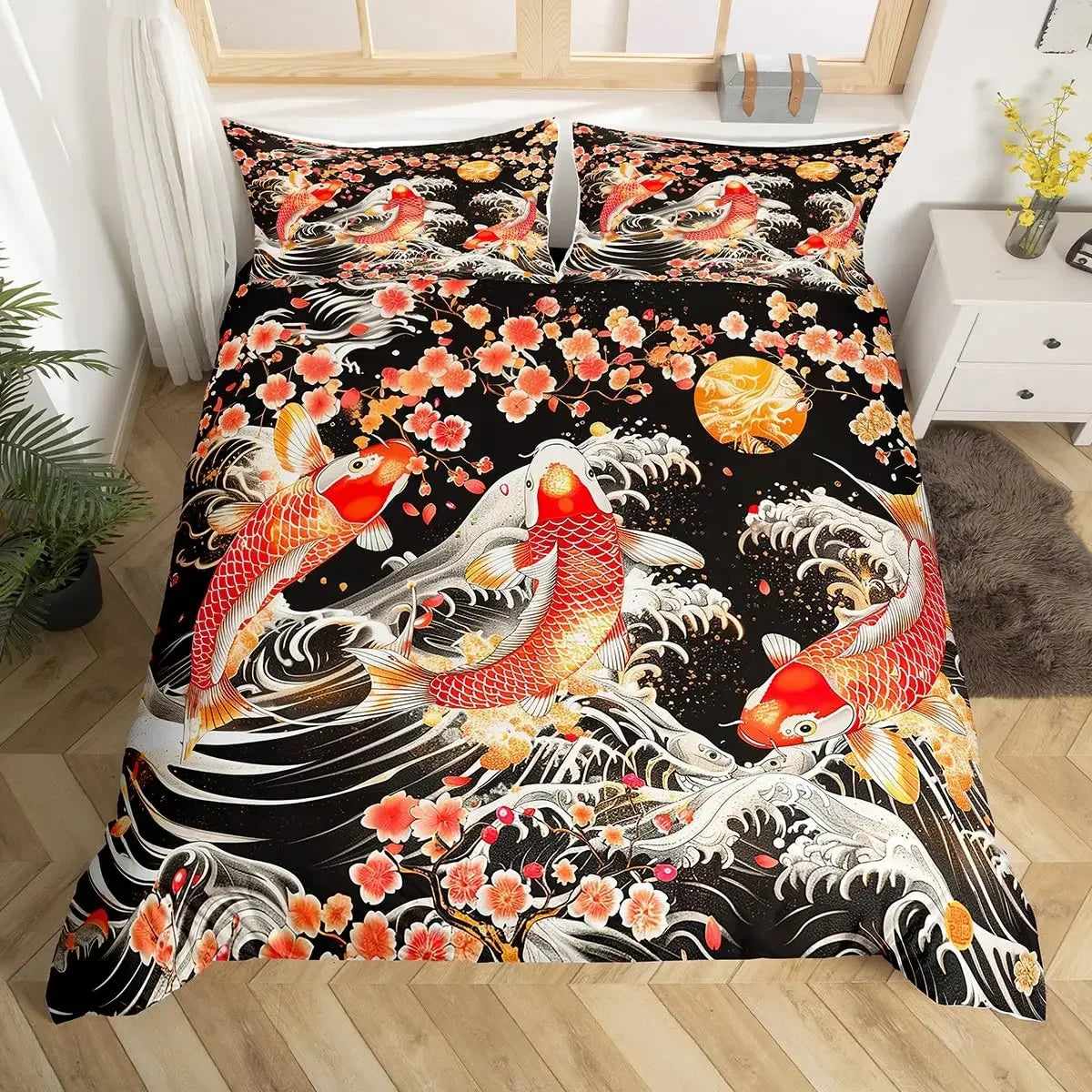 Japanese Samurai Duvet Cover Set 3-Piece - Cherry Blossoms Red Sun & Mount Fuji Print - Multiple Sizes (Twin/Full/Queen/King)