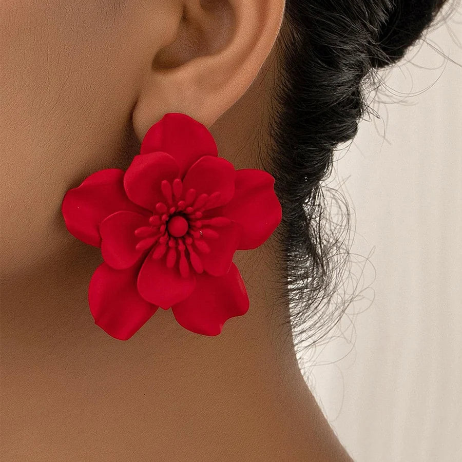 Big Red Flower Stud Earrings – Metal Floral Post Earrings, Boho Wedding & Summer Statement