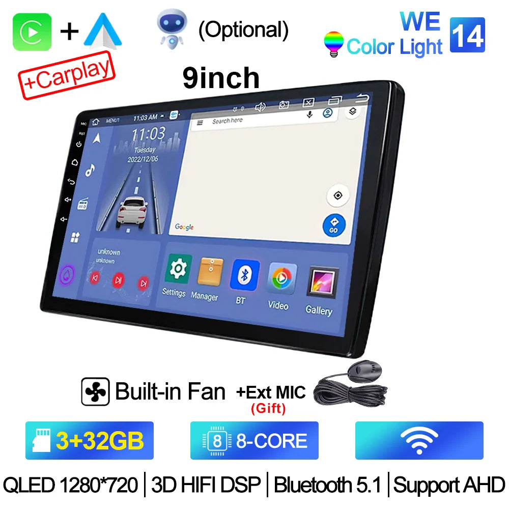 2-DIN Android Car Stereo - CarPlay & Android Auto, 7/9/10.1 inch (17.8/22.9/25.6 cm) QLED GPS, 8-Core CPU, DSP, WiFi & 4G, 6GB/128GB