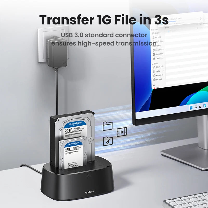 Dual-Bay SATA to USB 3.0 HDD Docking Station for 2.5"/3.5" SSD HDD Offline Clone Tool-Free