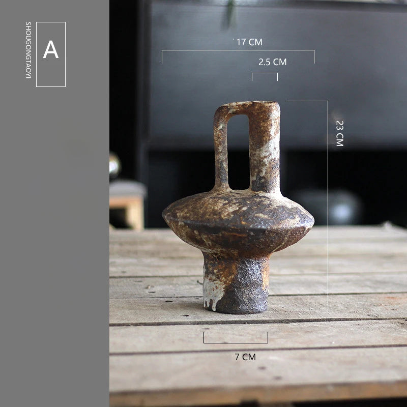 Handmade Ceramic Tabletop Vase - Rough Pottery Wabi-Sabi Vintage Farmhouse Vase for Dried Flowers & Flower Arrangements
