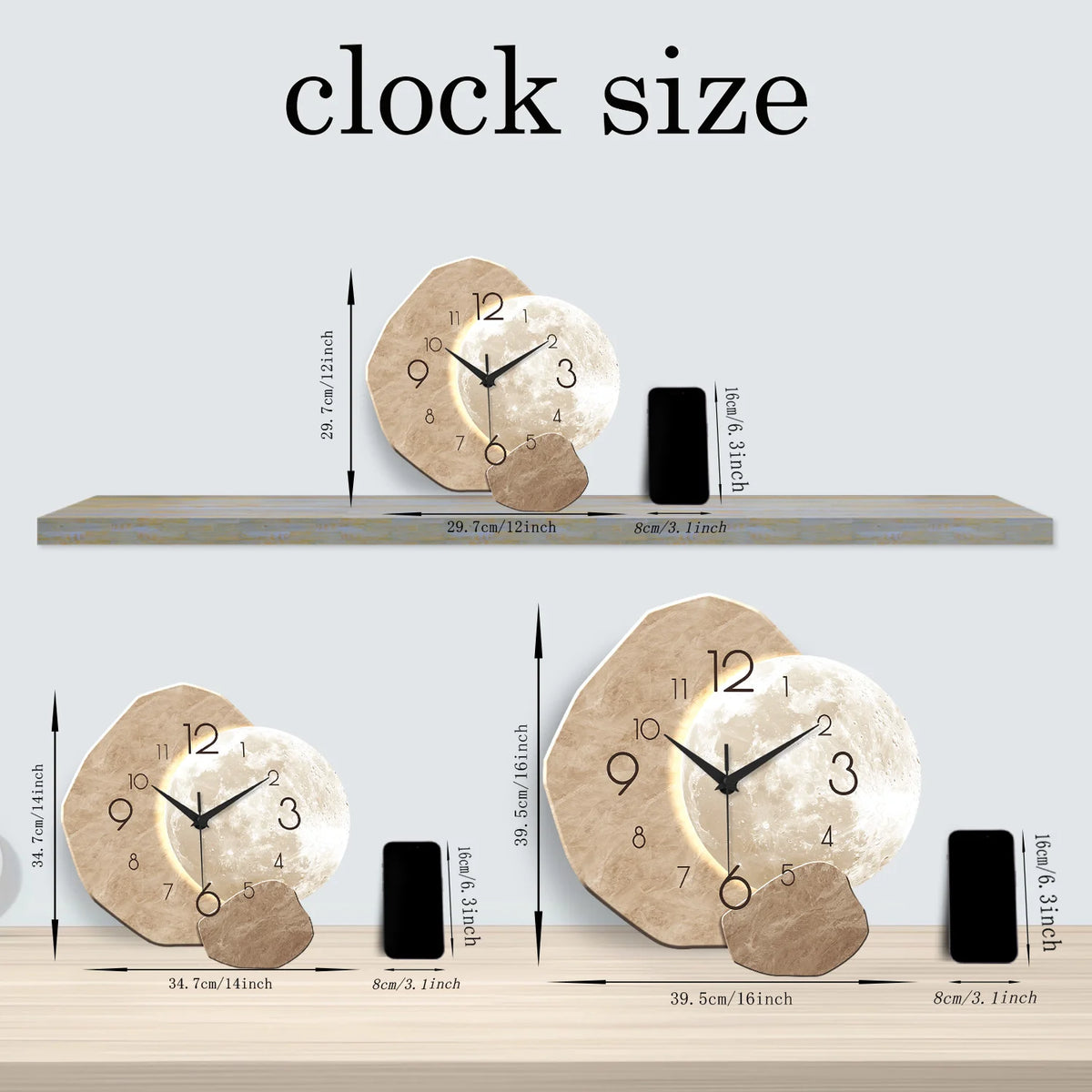 Moon Design Silent Quartz Wall Clock 13.7 in (34.7 cm) Bamboo Wood Modern Minimalist for Bedroom Living Room Office