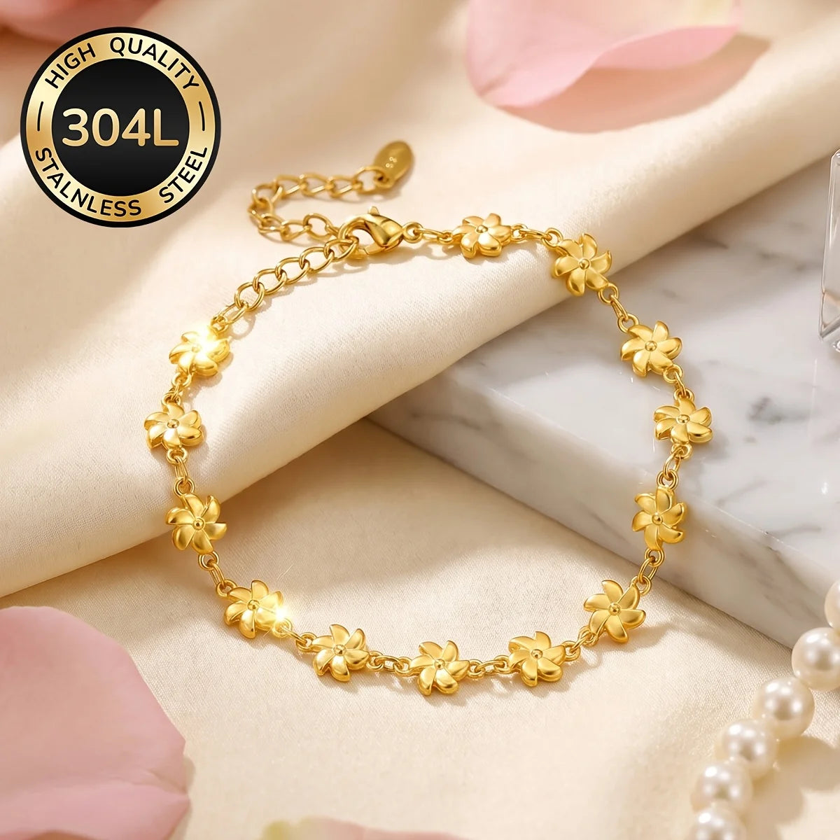 304L Stainless Steel 18K Gold-Plated Bracelet for Women, Geometric Link Chain with Lobster Clasp — Elegant All-Season Jewelry Gift