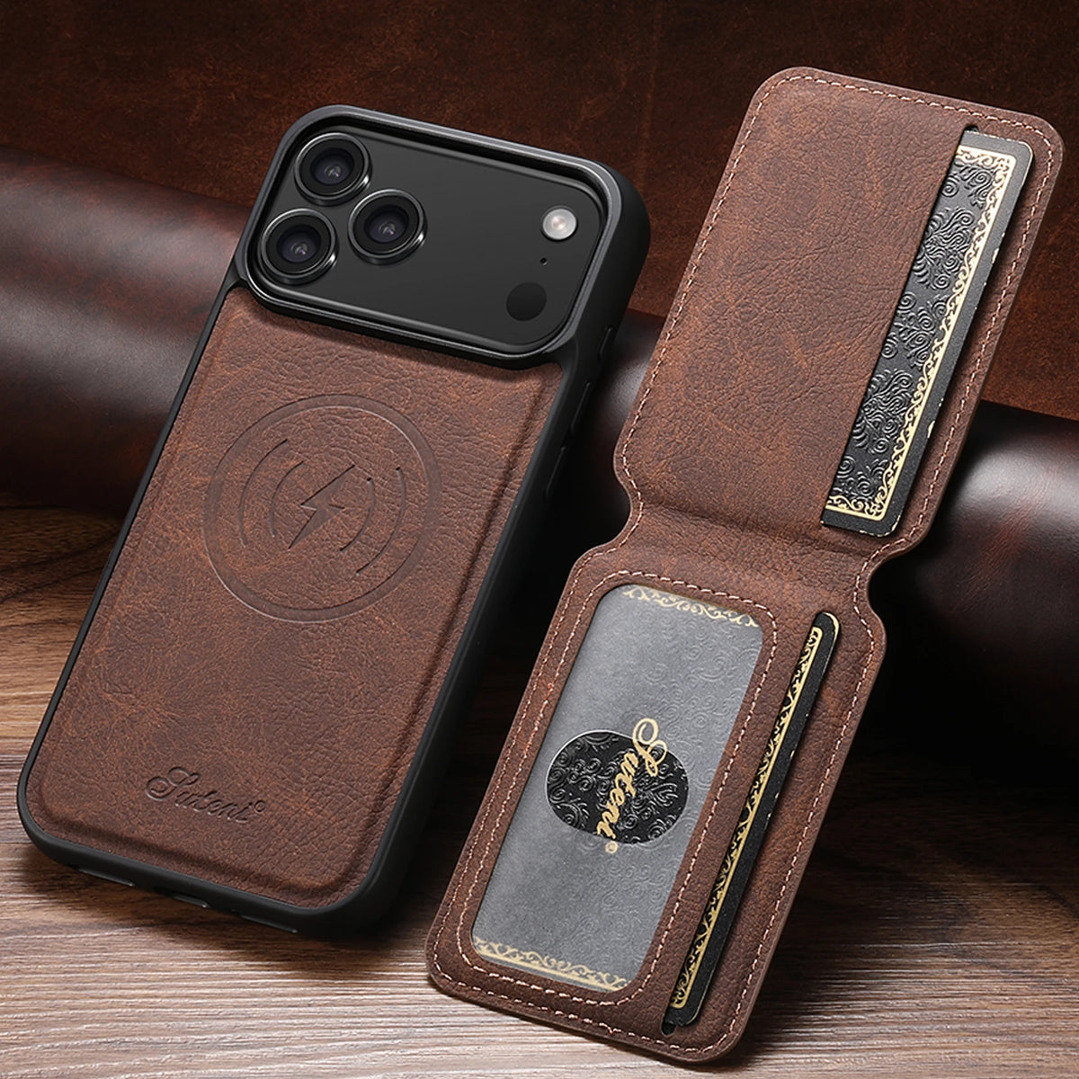 Magnetic Wireless Charging Wallet Phone Case – Faux Leather Card Holder & Stand for iPhone (Multiple Models)