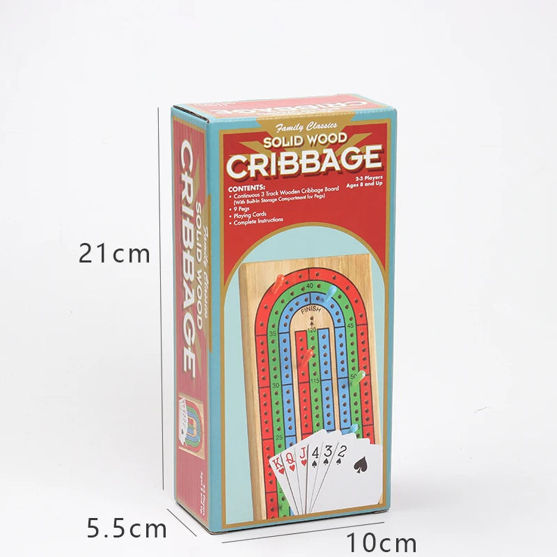 Wooden 3-Track Cribbage Board Game with 9 Pegs — Portable Classic Family Travel Card Game