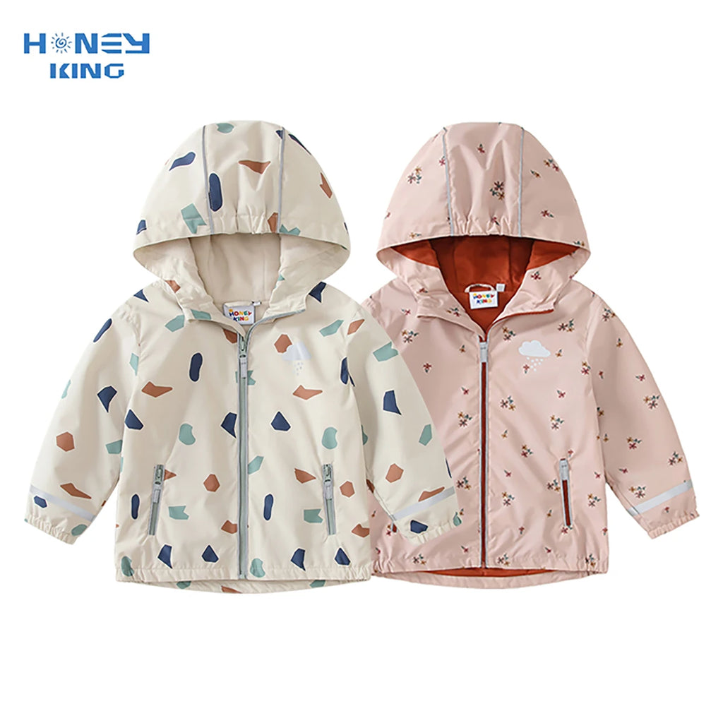 Waterproof Hooded Softshell Jacket for Kids – Fleece-Lined Unisex Rain Coat with Cartoon Print, Cotton-Polyester, Ages 7–12 Years