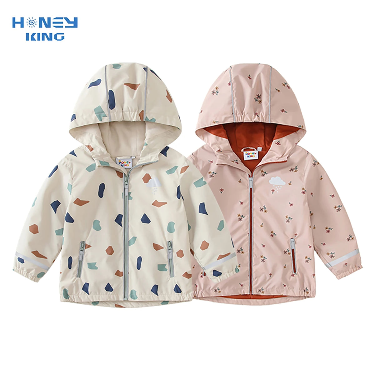Waterproof Hooded Softshell Jacket for Kids – Fleece-Lined Unisex Rain Coat with Cartoon Print, Cotton-Polyester, Ages 7–12 Years
