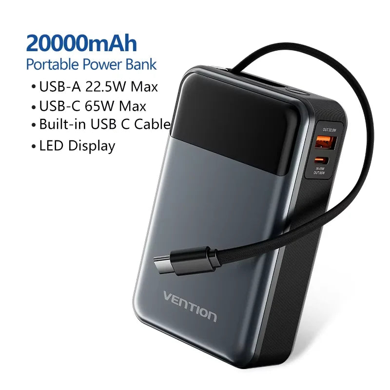 65W PD 20000mAh Portable Power Bank with Built-In USB-C Cable — Fast Charging for Laptops, iPhone & Tablets
