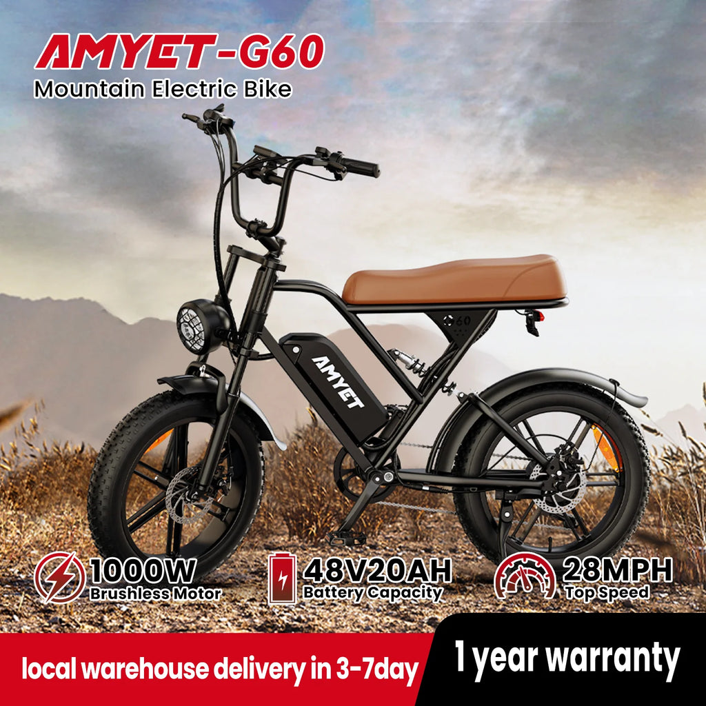 Electric Fat-Tire Bike 1000W (Peak 1500W) – 48V 20Ah Removable Battery, 20×4 in (50.8×10.16 cm) Wheels, 7-Speed, Dual Suspension