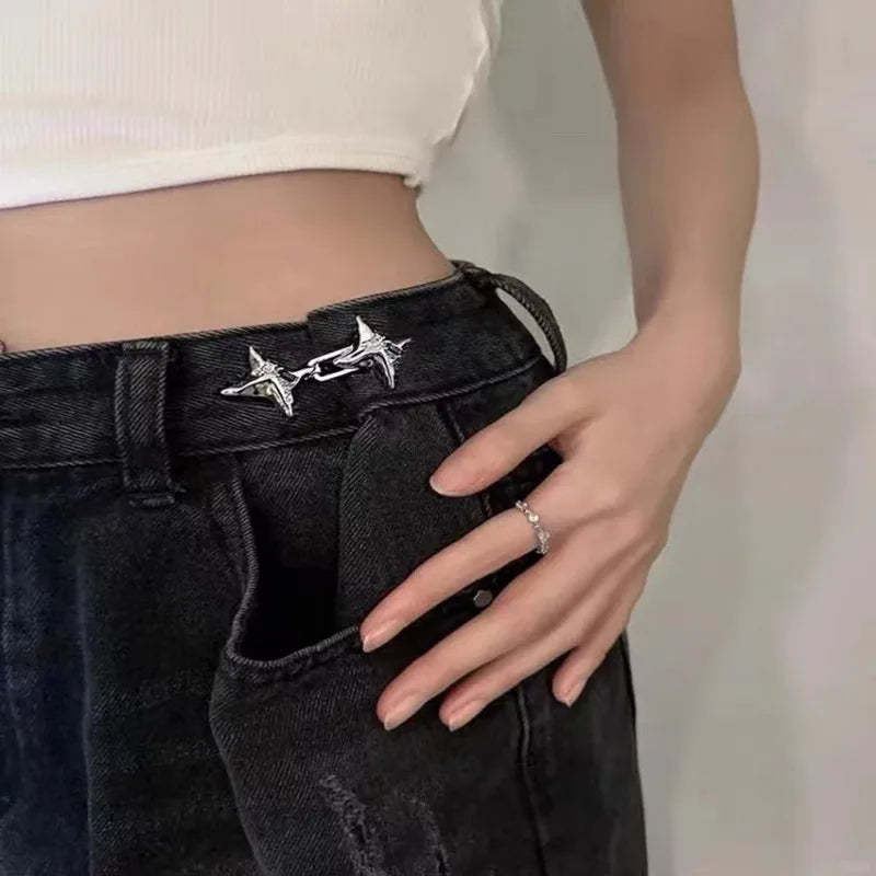 Adjustable Metal Waist Buckle for Women Jeans – Four-Point Star Geometric Belt Accessory, One-Size