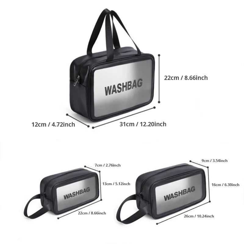 Transparent Black Waterproof PVC Travel Makeup Bag, Large Capacity Cosmetic Organizer (3 Sizes)