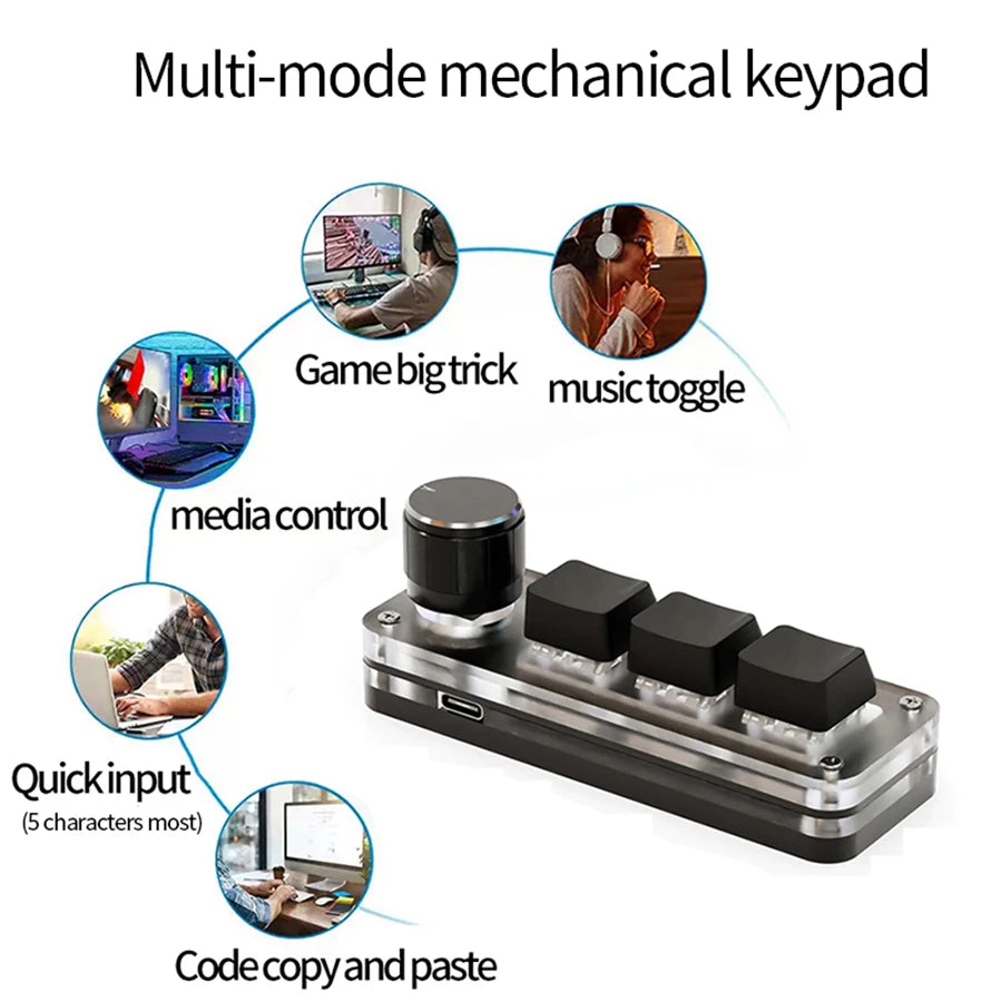 RGB Mechanical Macro Pad — 3-Key Programmable Mini Macropad with Knob, Hot-Swap USB-C for Photoshop & Gaming
