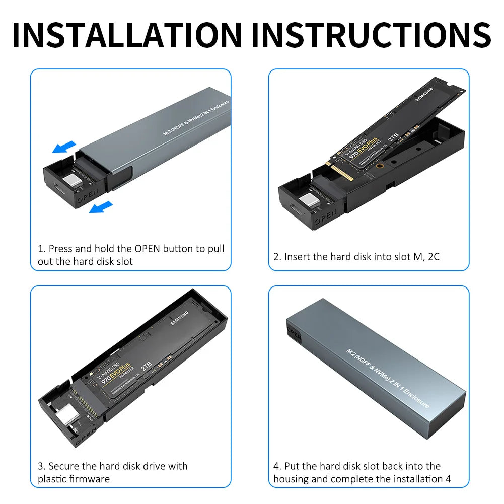 Dual-Protocol M.2 NVMe/SATA SSD Enclosure – USB 3.1 Gen2 10Gbps, Supports 2230/2242/2260/2280 (Type-C to C/A)