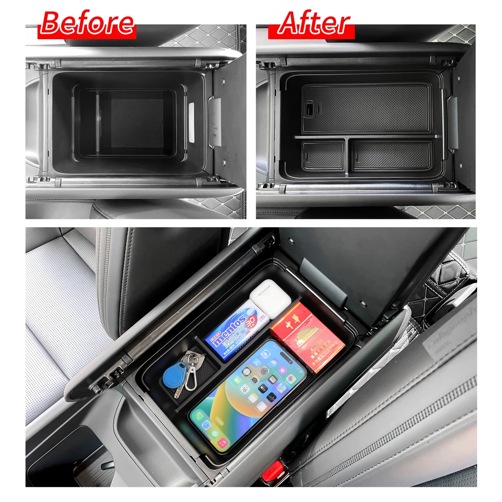 Armrest Storage Box & Cup Holder Organizer - Car Interior Anti-Dirt Pad, Black