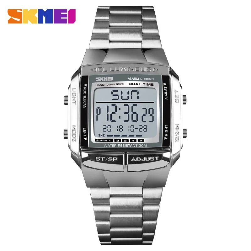 Men's Waterproof LED Digital Sport Watch – 30M (3ATM) Water Resistant, Stainless Steel Band, Military Style
