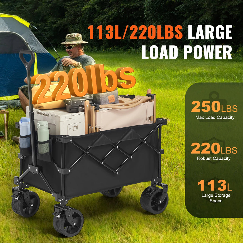 Collapsible Folding Wagon Cart — All-Terrain Beach & Camping Utility Wagon with Drink Holder & Storage Pockets