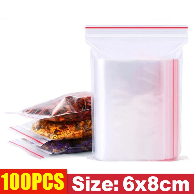 Clear Thick Resealable PE Bags – Reclosable Zip Storage Pouches for Jewelry, Food & Crafts (Sizes 4×6–12×18 cm / 1.6×2.4–4.7×7.1 in, 100–500 Pack)