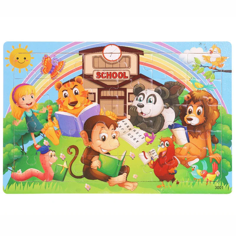 30-Piece Wooden Jigsaw Puzzle for Kids, Cartoon Animals & Vehicles, Early Learning Toy