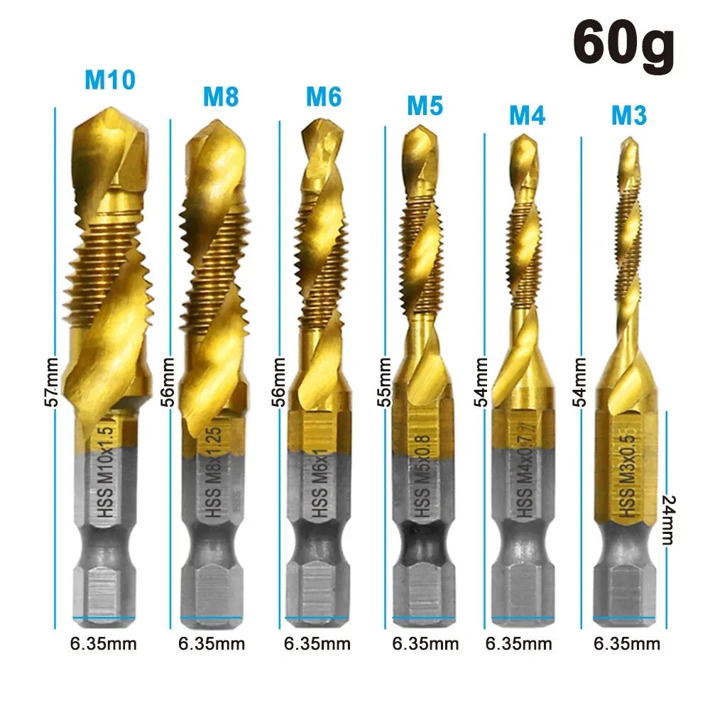 6-Piece HSS 4341 Titanium-Plated Tap and Drill Combo Set Integrated Machine Taps and Chamfer Tools
