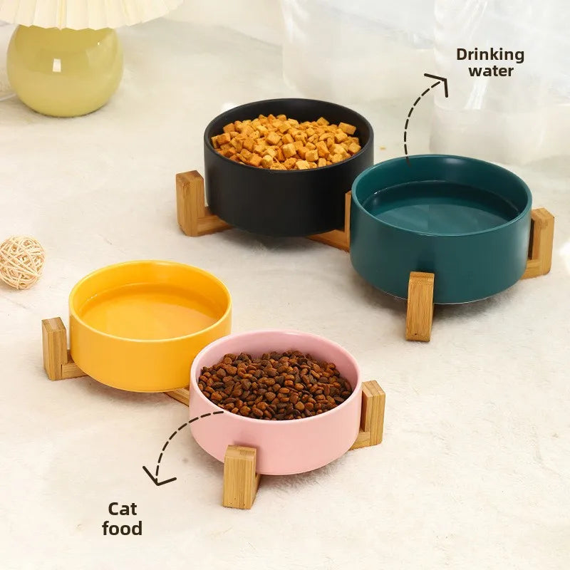 Elevated Ceramic Pet Bowl with Bamboo Wood Stand – 300ml (11cm/4.3 in) & 400ml (13cm/5.1 in) Dog & Cat Feeding Bowl