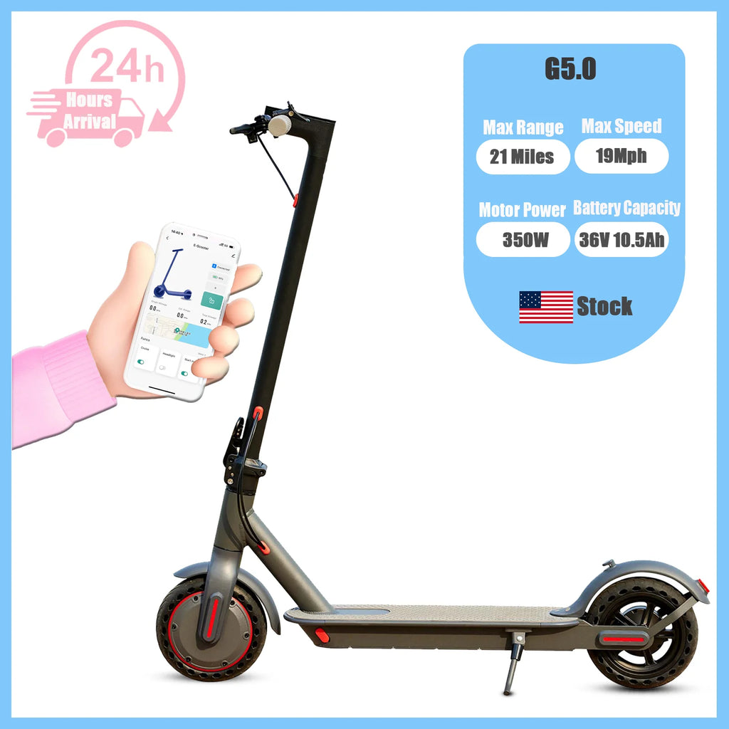 Foldable Electric Scooter 350W 36V, 21 Mile (34 km) Range, 19 MPH (30 km/h), 8.5-inch (216 mm) Tires, Disc Brake, App Control