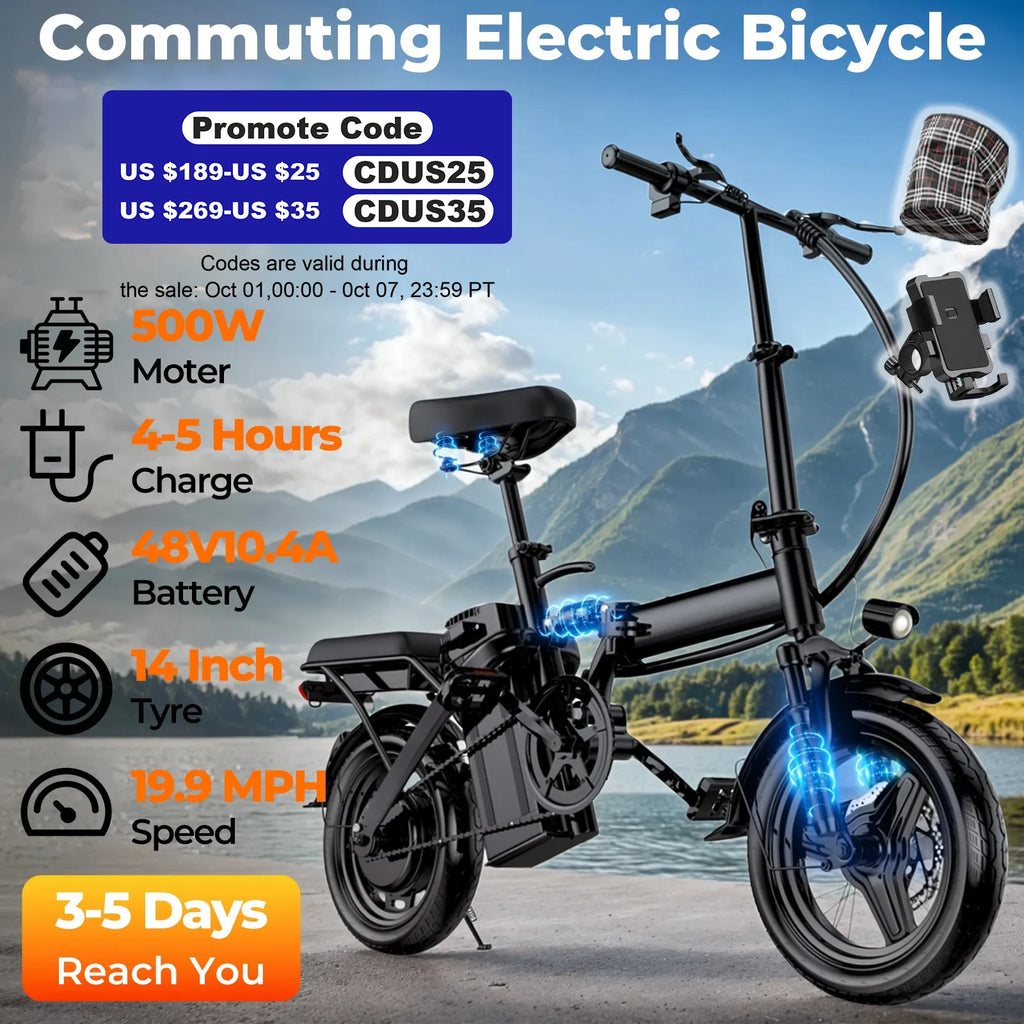 500W Folding Electric Bike 20 MPH (≤25 km/h) 48V 10.4Ah Removable Battery, 14-Inch Wheels, Dual Shock Absorption, Front Basket