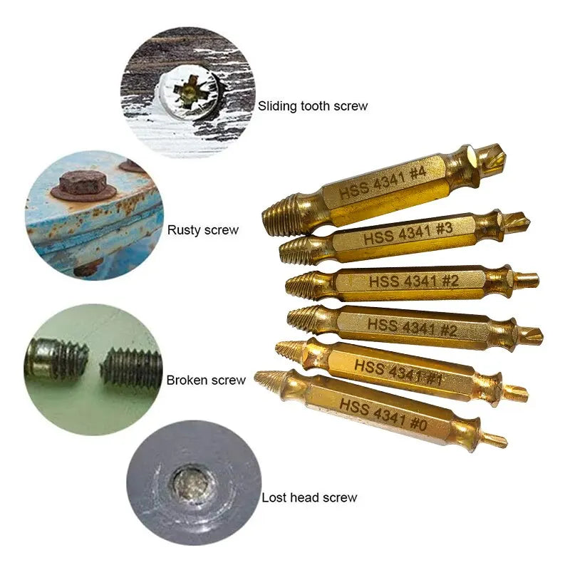 6-Piece HSS Double-Head Screw Extractor Set – Slide-Tooth Broken Screw Removal Bits