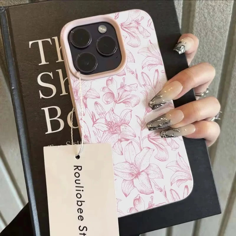 Pink Lily Floral Leather-Texture Shockproof Bumper Phone Case for iPhone - Anti-Drop Anti-Fingerprint