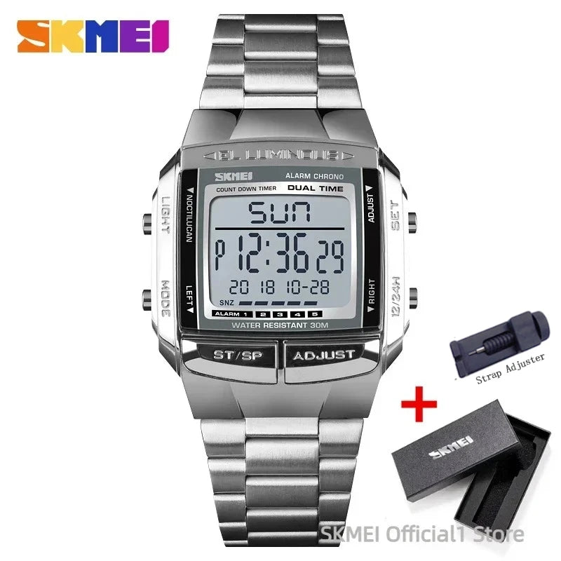 Men's Waterproof LED Digital Sport Watch – 30M (3ATM) Water Resistant, Stainless Steel Band, Military Style