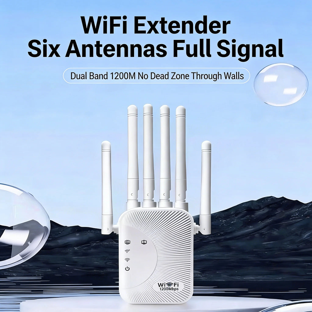 1200Mbps Dual-Band WiFi Range Extender 2.4/5GHz Signal Booster with 4 Antennas & 2 RJ45 Ports for Home Network