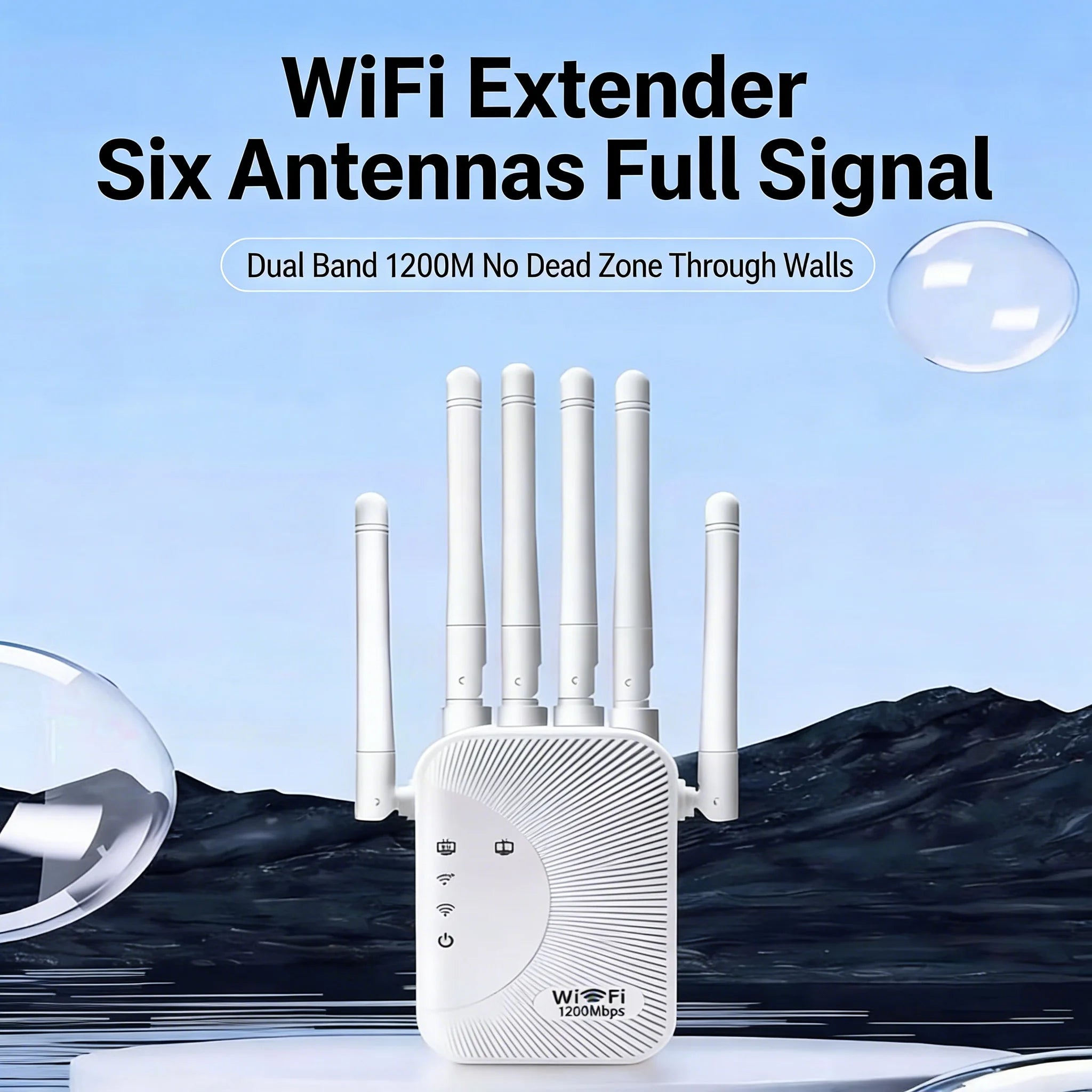 1200Mbps Dual-Band WiFi Range Extender 2.4/5GHz Signal Booster with 4 Antennas & 2 RJ45 Ports for Home Network