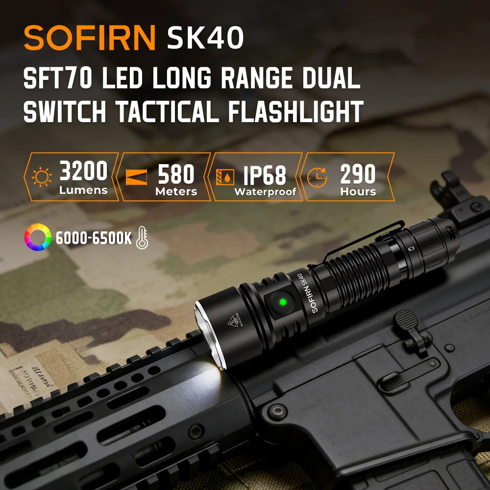 21700 Rechargeable LED Flashlight 3200lm Tactical Long-Range Torch with Spotlight USB-C IP68
