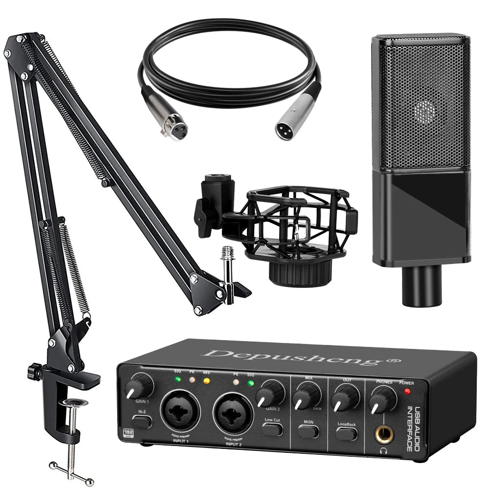 USB Audio Interface 2-In/2-Out with 48V Phantom Power — Low-Latency Recording & Live Monitoring for Guitar, Vocals, Podcasting