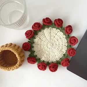 Handmade Crochet Rose Coaster, Heat-Resistant Table Mat for Valentine's Day, Romantic Wedding Gift