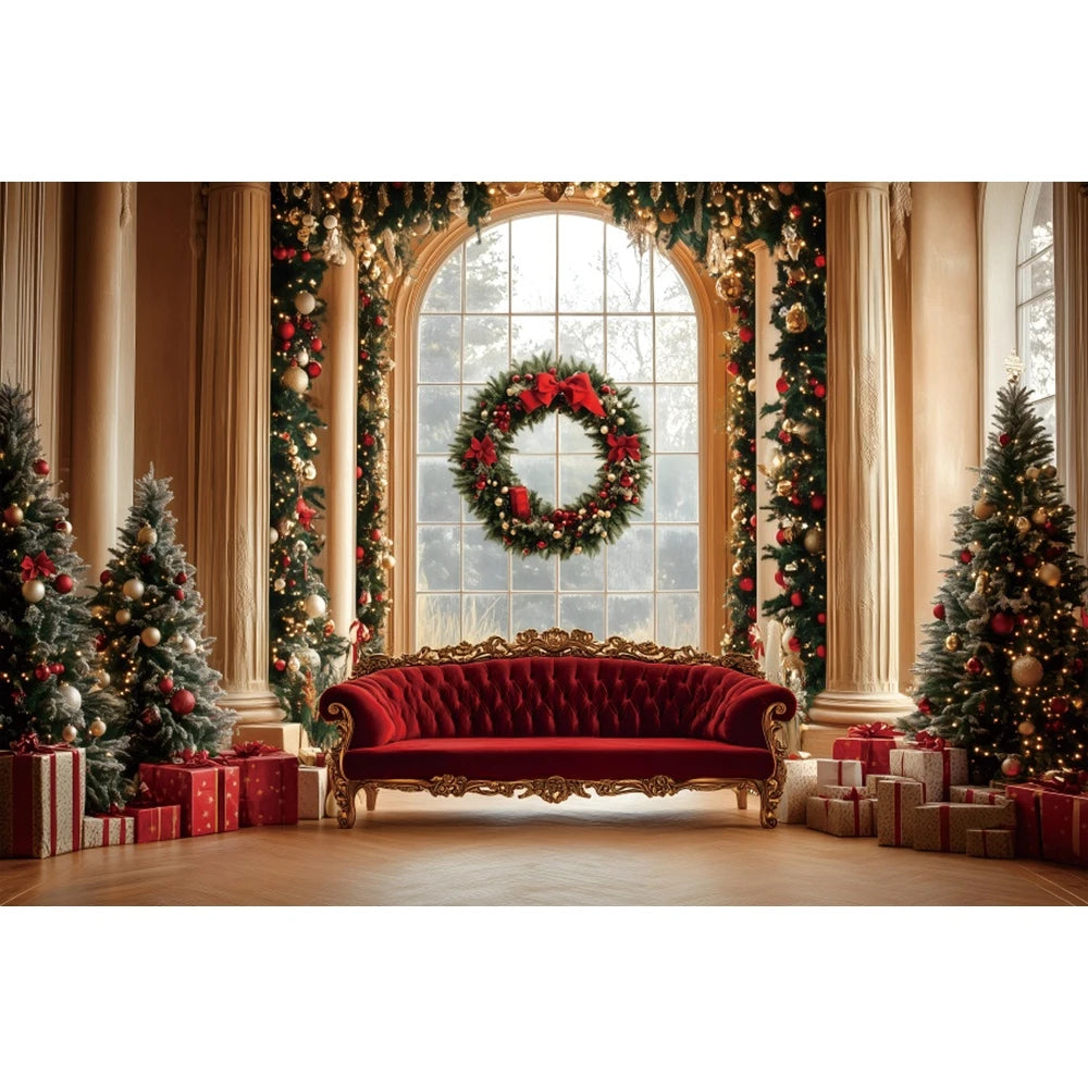 Christmas Photography Backdrop - Red Curtain & Window Scene with Snowy Bear and Gifts for Kids & Family Portraits