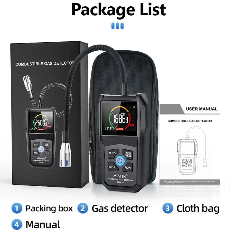 Combustible Gas Leak Detector 0-100% LEL / 0-50,000 ppm — LCD Screen, Sound & Light Alarm, 10.6in (270mm) Flexible Probe, Portable
