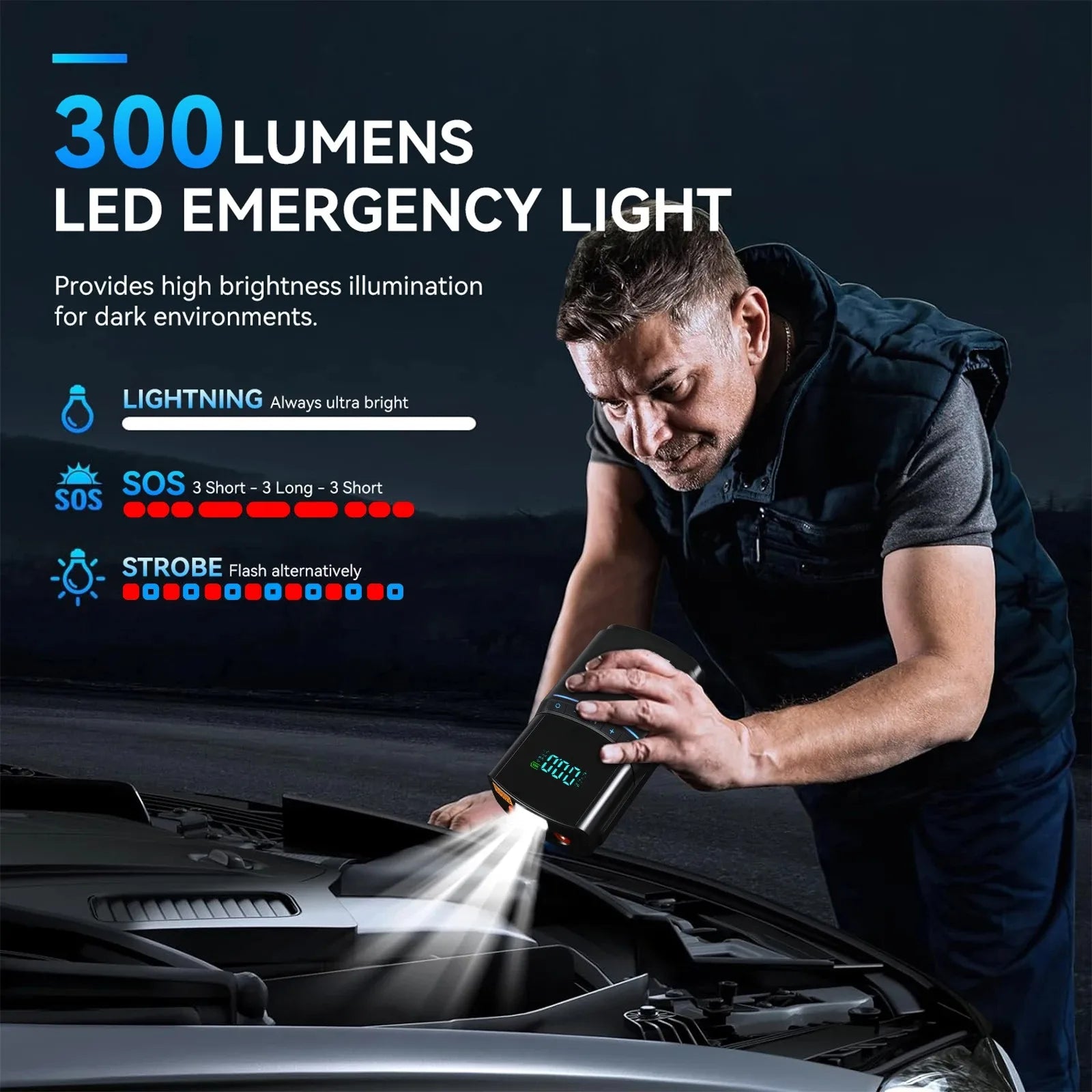150 PSI Portable Tire Inflator & 3000A Car Jump Starter Power Bank – 12V Battery Booster with LED Flashlight & SOS Light