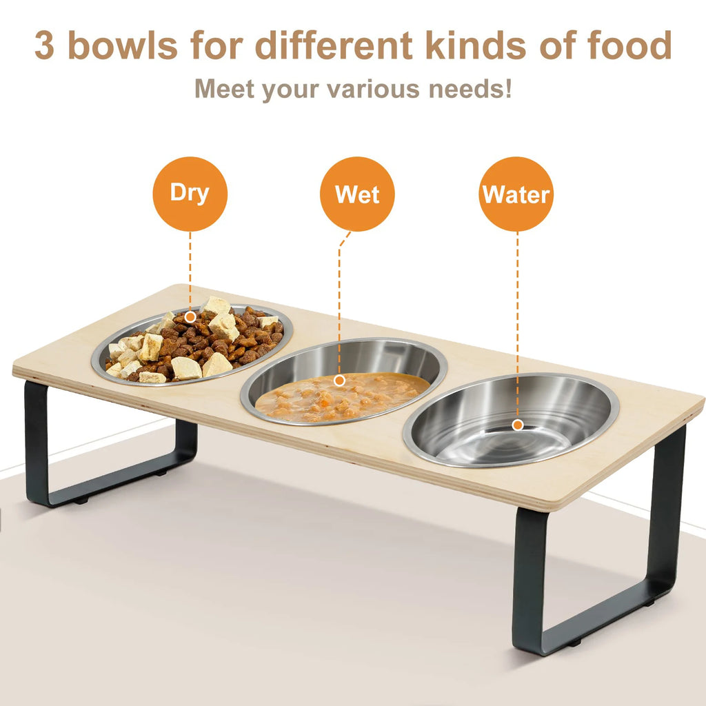 Elevated 15° Tilted Pet Feeder – 3 Stainless Steel Bowls (18 oz / 530 ml) Wooden Stand for Cats & Small Puppies