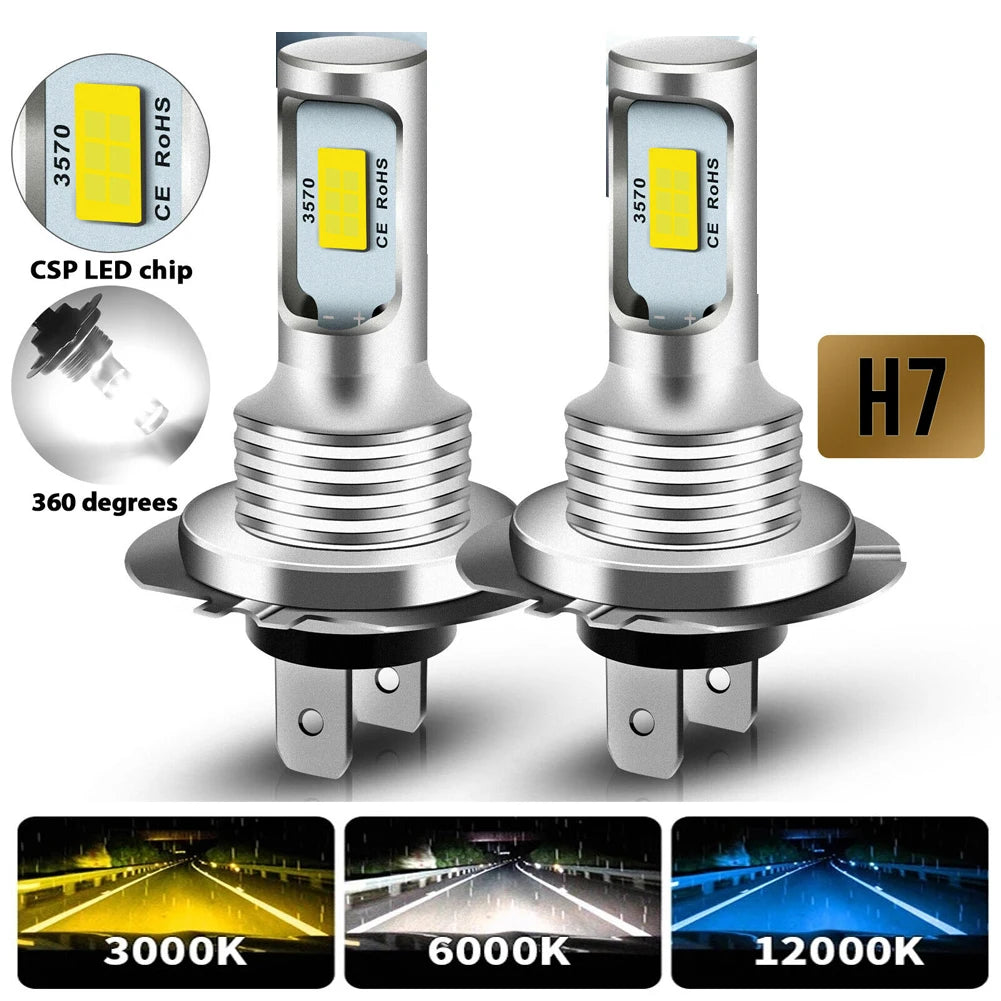 2-Pack CSP LED Headlight Bulbs H1 H4 H7 H8 H9 H11 9005 9006 (HB3/HB4) Super Bright DRL Fog Lamp - 6000K White / 3000K Yellow / 12000K Blue