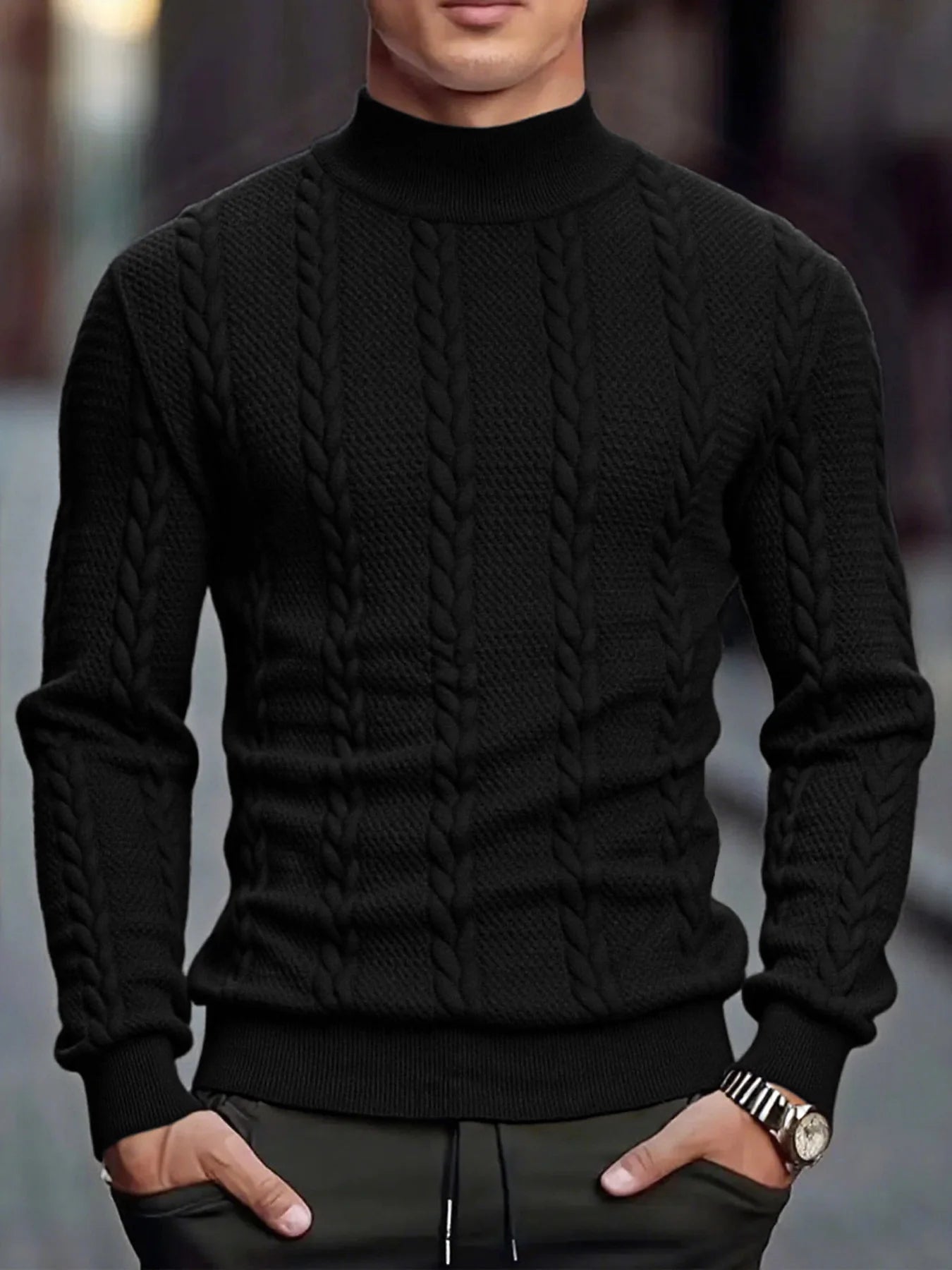 Men's High Collar Knit Sweater - Slim Fit Vintage Twist Turtleneck Pullover, Warm Winter Knitwear